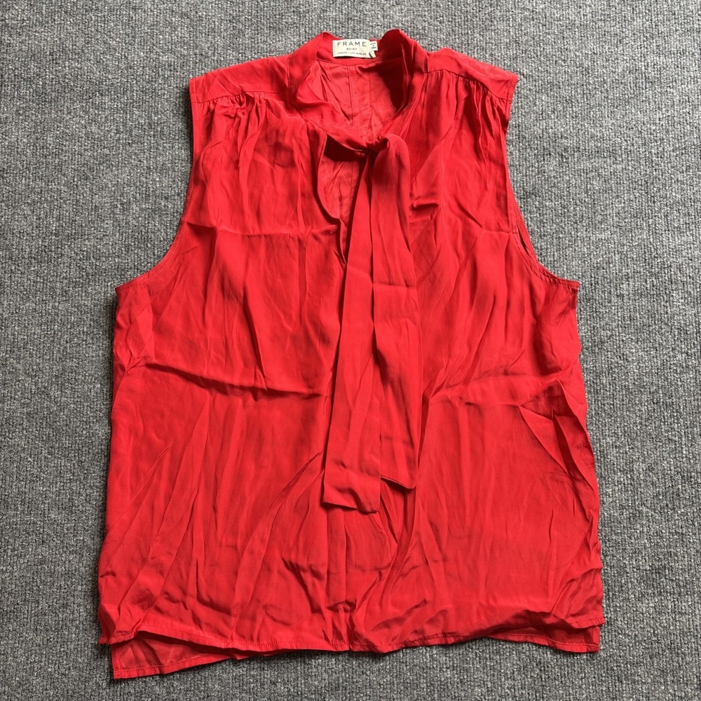 FRAME 100% Silk Red Blouse Medium Sleeveless Tie Neck Elegant Old Money Luxury